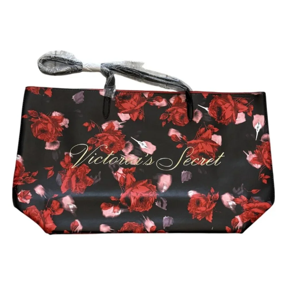 Victorias Secret Black Red Floral Open Tote Bag With Gold Logo Weekender